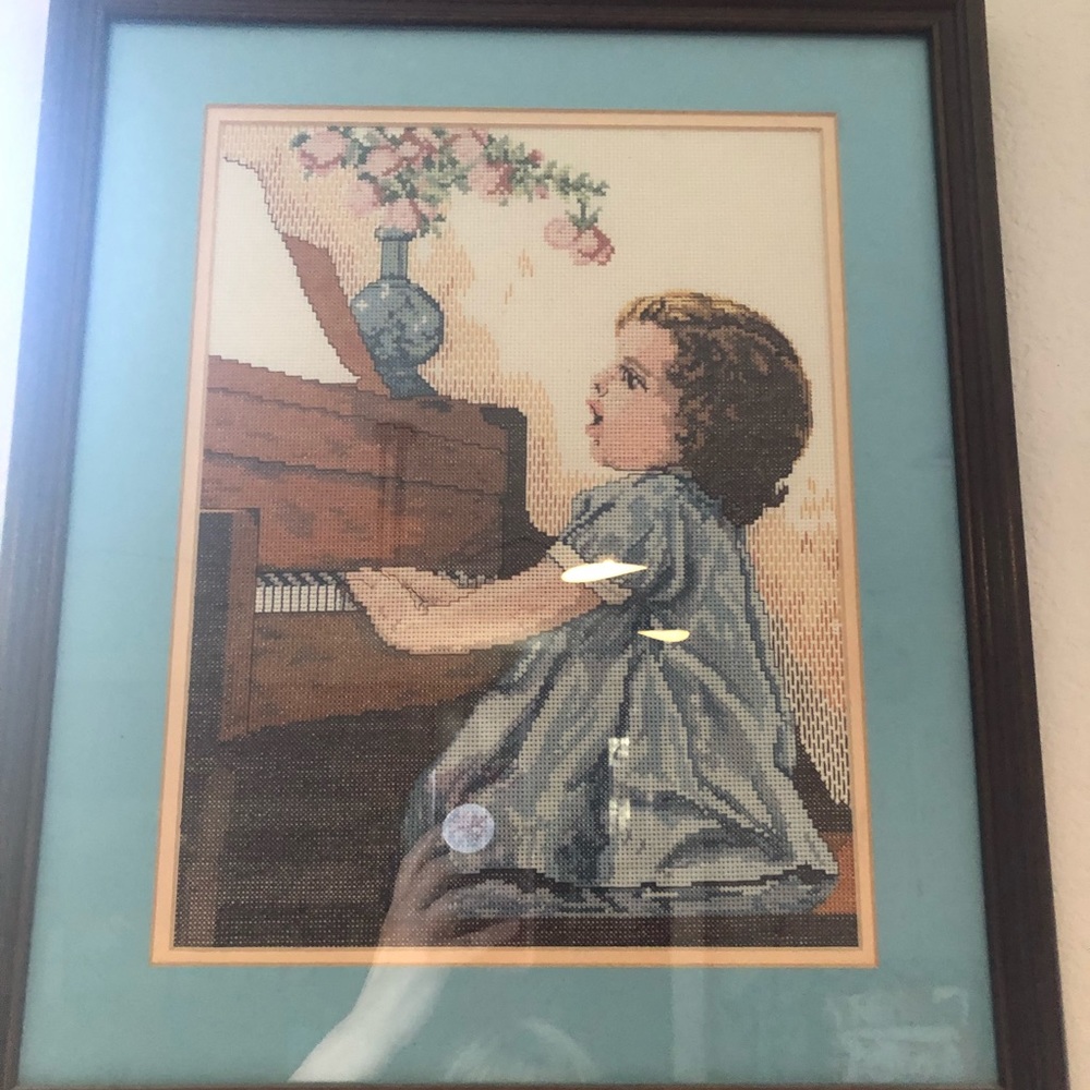 Vintage Girl Picking Playing Piano Needlework pic